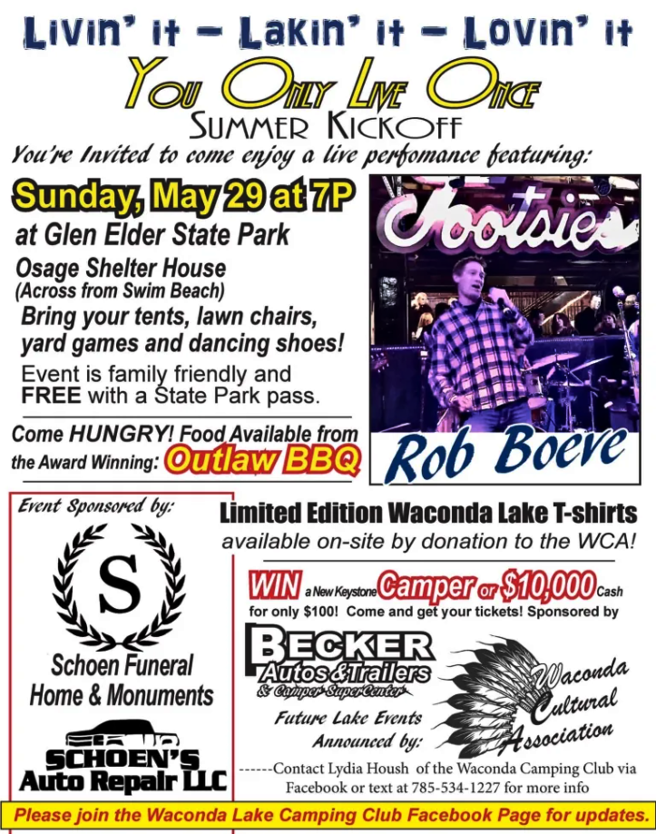 Info Poster image - You Only Live Once Summer Kick-off at Glen Elder State Park, May 28, 2022.